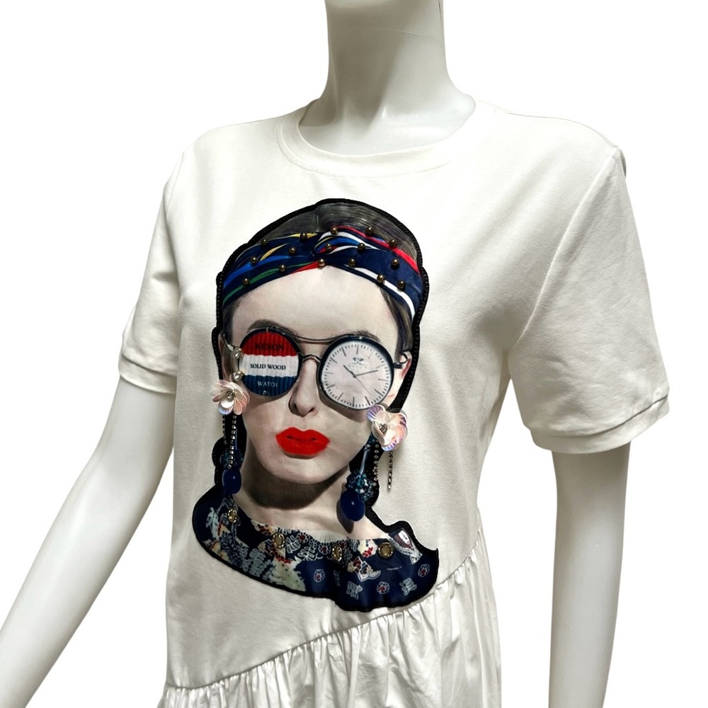 WHY White Graphic Dress 3D Pop Art Girl Steampunk Glasses Assymetric Goth Artsy